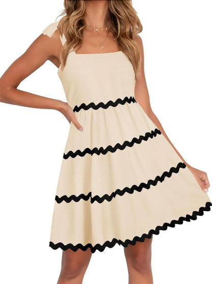 Contrast Trim Tie Shoulder Dress - -
