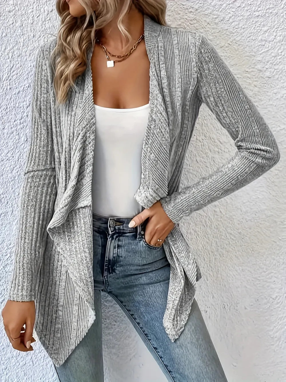 Open Front Long Sleeve Cardigan - Gray -