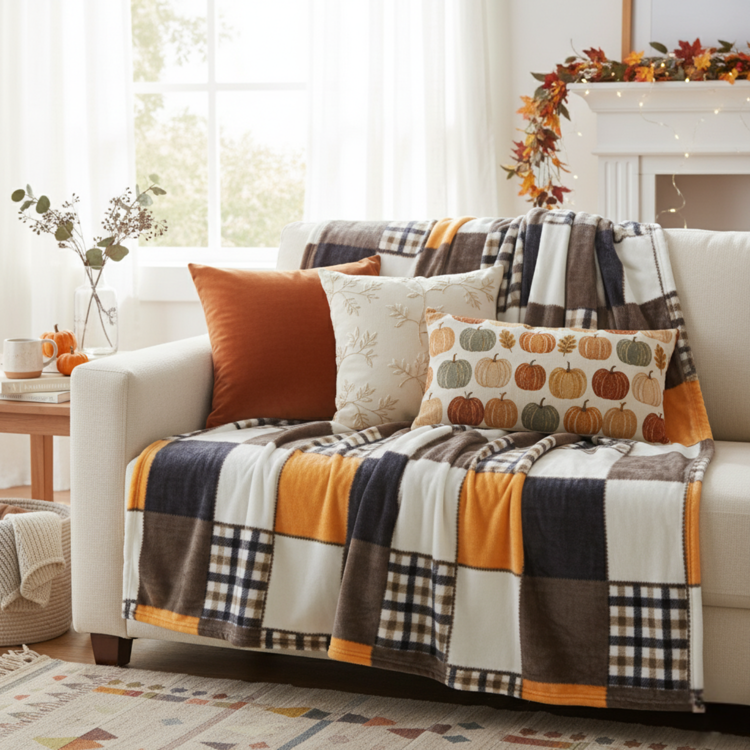 Tache Fall Orange Farmhouse Super Soft Micro Fleece Plaid Patchwork Plush Lightweight Bed Throw Blanket (4021) - - Blanket