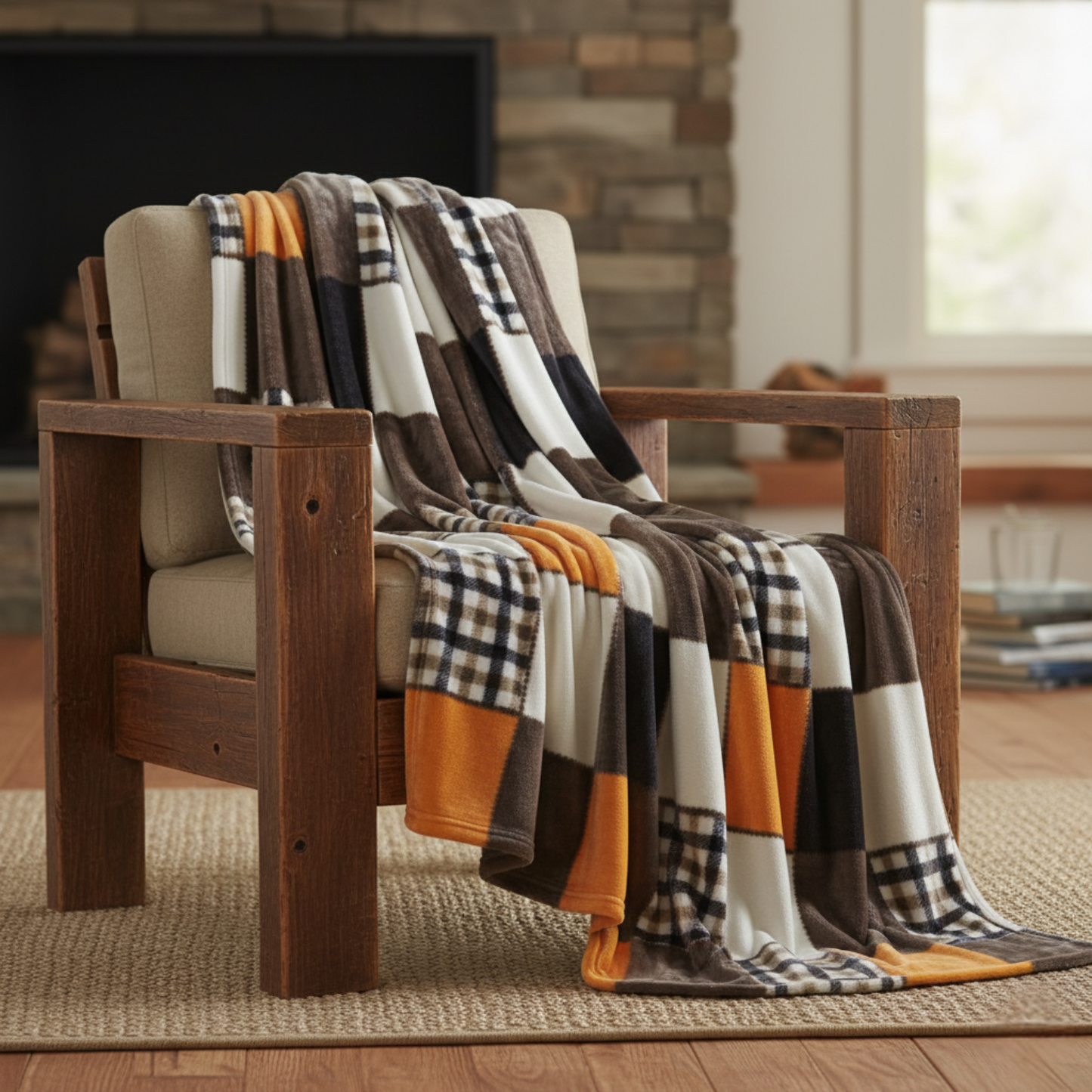 Tache Fall Orange Farmhouse Super Soft Micro Fleece Plaid Patchwork Plush Lightweight Bed Throw Blanket (4021) - - Blanket