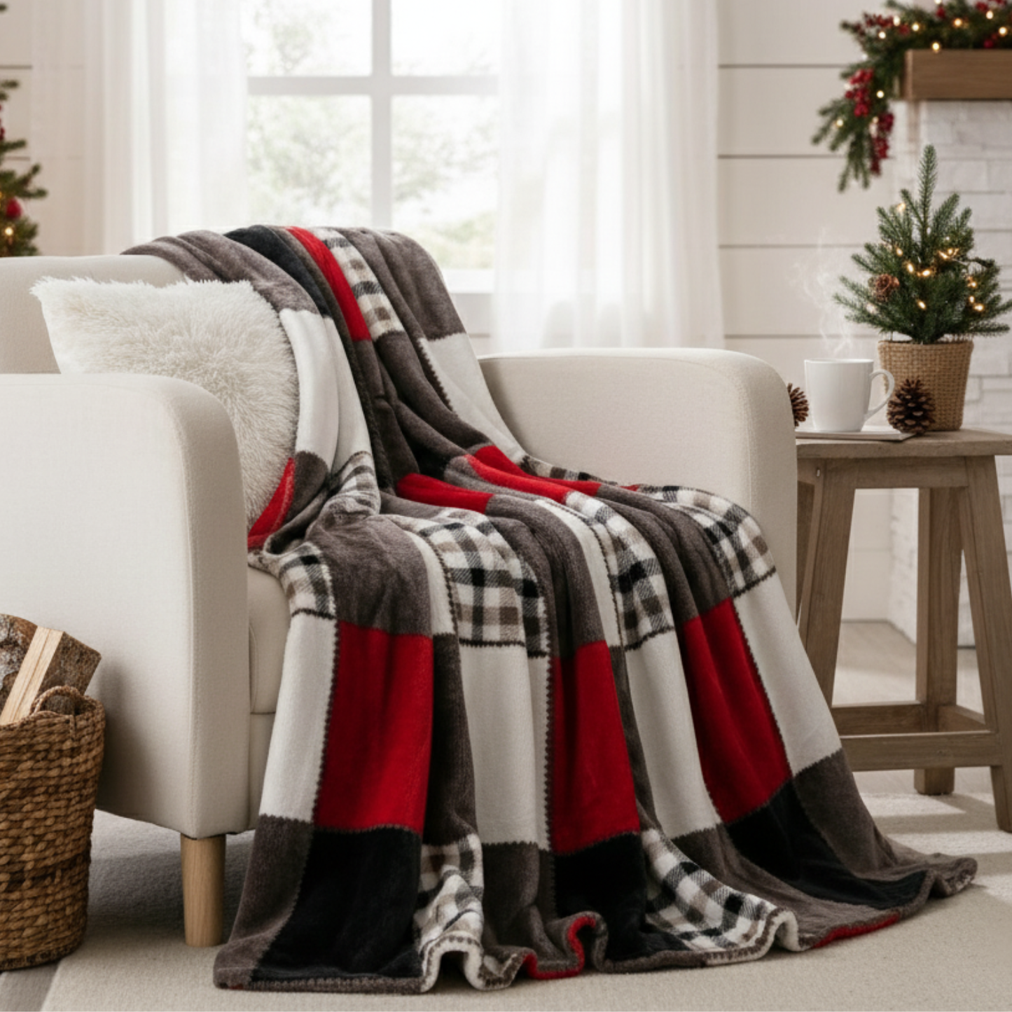 Tache Brown Red Sunset Maple Farmhouse Plaid Patchwork Throw Blanket (4025) - - Blanket