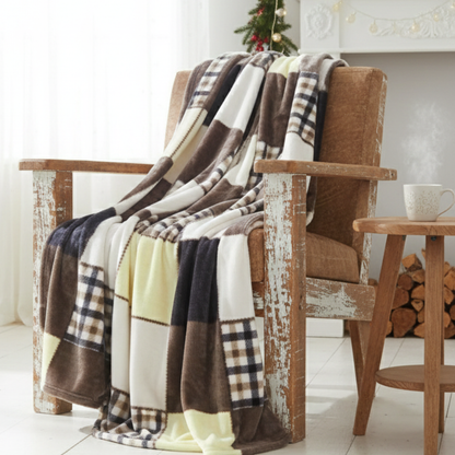 Tache Buttermilk Fall Yellow Brown Farmhouse Super Soft Plaid Patchwork Throw Blanket (4026) - - Blanket