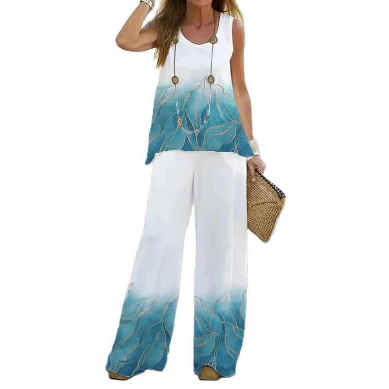 Pullover Sleeveless Round Neck Top Wide Leg Pants Set Two Piece Set