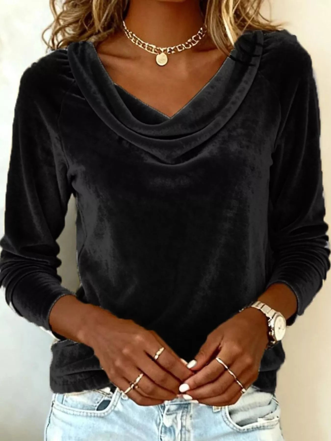 Velvet Cowl Neck Long Sleeve Top - -
