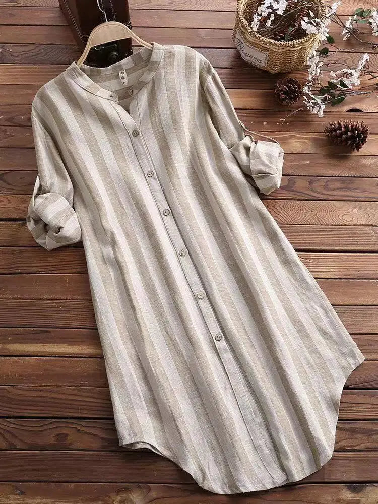 Long Style Striped Blouse Loose Long Sleeve Lapel Button Casual Shirt