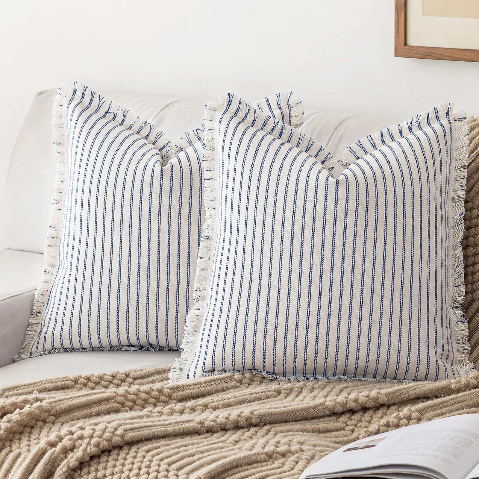 Fringe-Edged Boho Stripe Pillow Covers - Blue 24" x 24" (Pack of 2) - pillow cover