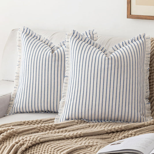 Fringe-Edged Boho Stripe Pillow Covers - Blue 24" x 24" (Pack of 2) - pillow cover