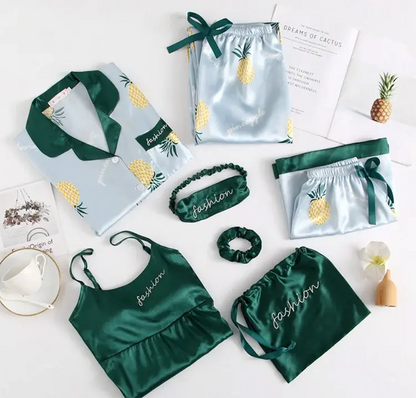 7pc Long Sleeve Pajama Sleepwear Sets Dark Green