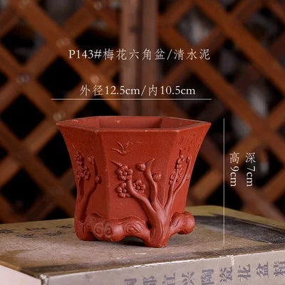 Purple Sand Plum Blossom Bonsai Pot – Carved Traditional Chinese Planter - Red Dia10.5High9cm - Planter