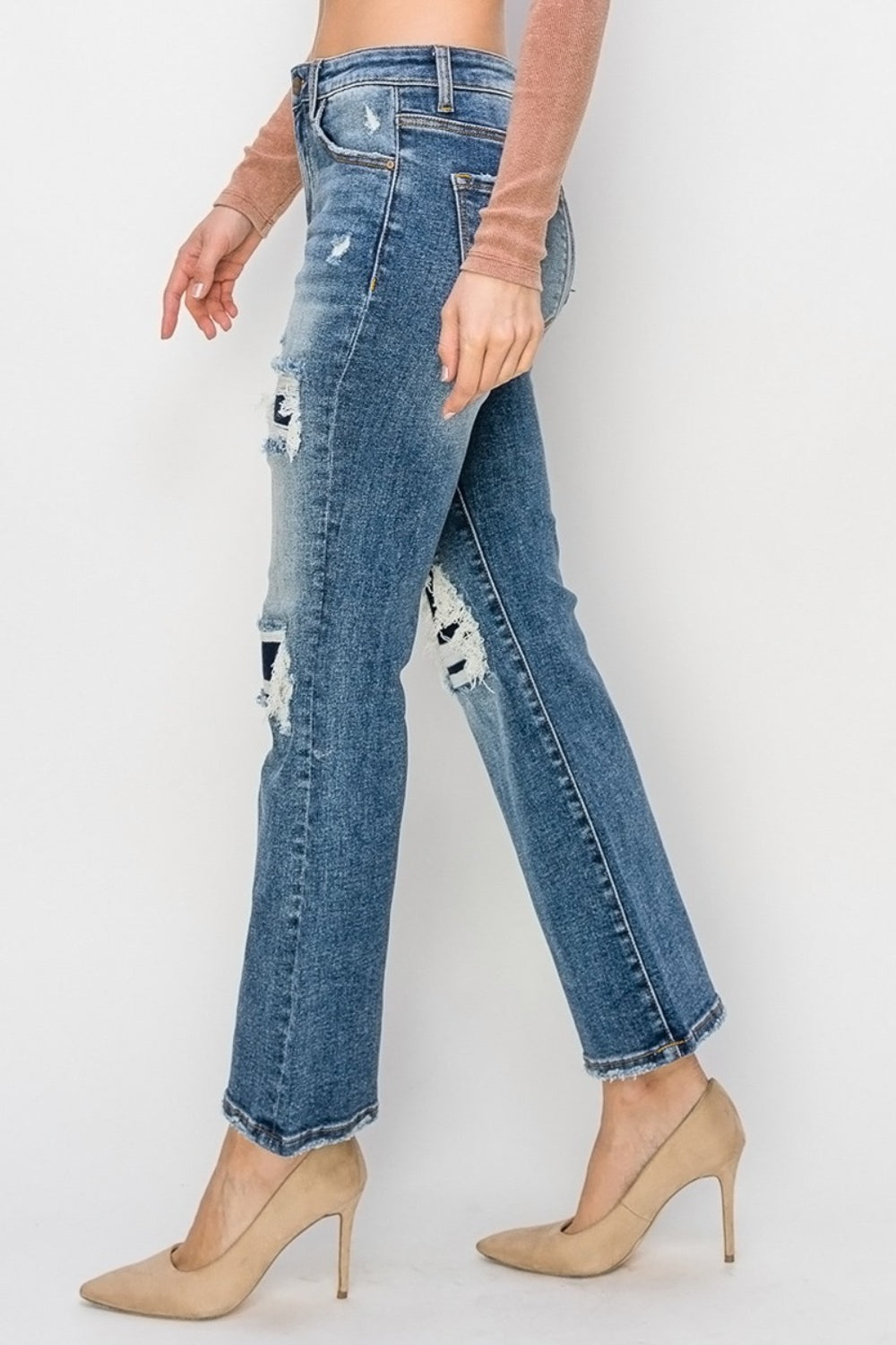 Risen Distressed Ankle Flare Blue Washed Denim Jeans - - jeans