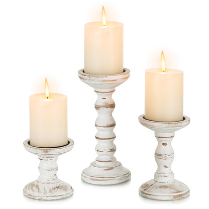 Rustic Wood Pillar Candle Holders - Set of 3 - Whitewash Brown 3.9" - 6" - 8.3" - candle holder