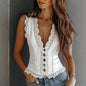 Lace Trim Button-Down Crop Tank Vest Women- FitiqueFit- {{Product type}}