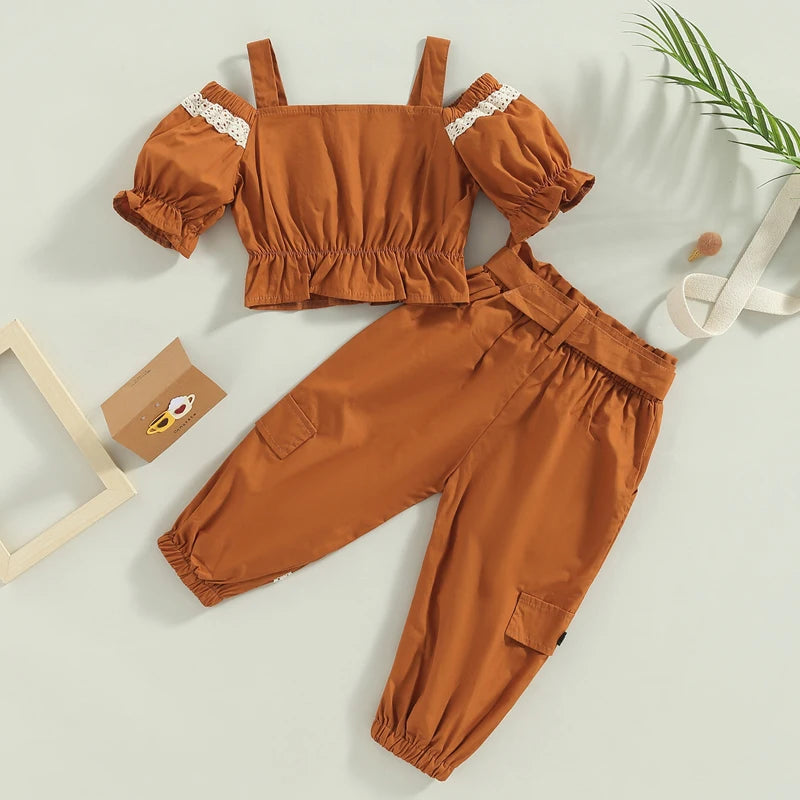 Ruffle Puff Short Sleeve Crop Top and Cargo Pants Set