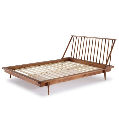 Mid-Century Modern Solid Wood Queen Platform Bed Frame With Spindle Headboard - Caramel - -