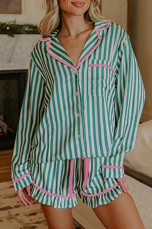 Stripe Contrast Ricrac Trim Long Sleeve Shirt Drawstring Ruffled Pajama Short Set - Turquoise - pajamas