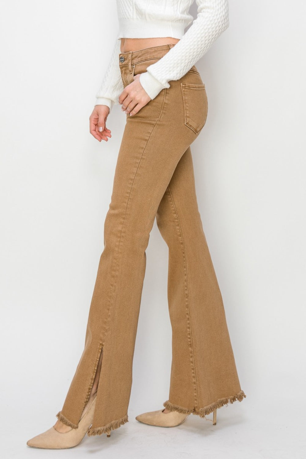 RISEN Brown Side Slit Flared Leg Denim Jeans - - jeans