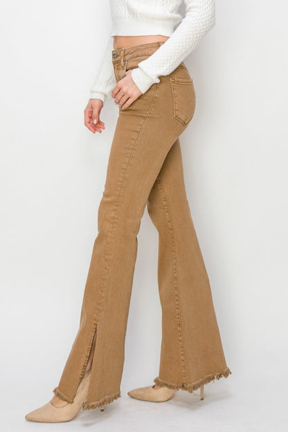RISEN Brown Side Slit Flared Leg Denim Jeans - - jeans