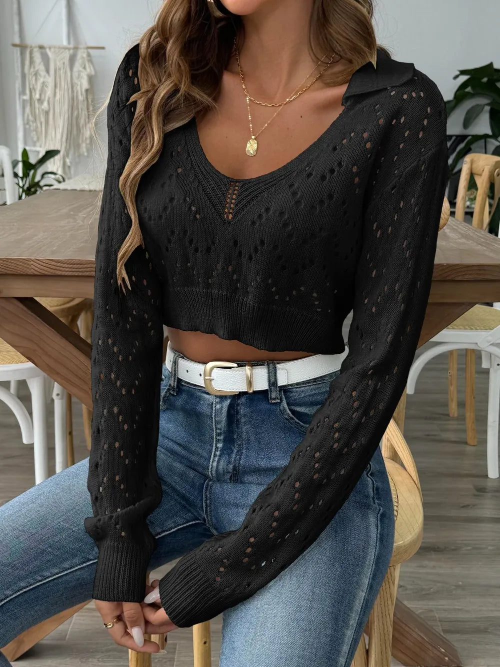 Openwork Collared Neck Long Sleeve Knit Top - -