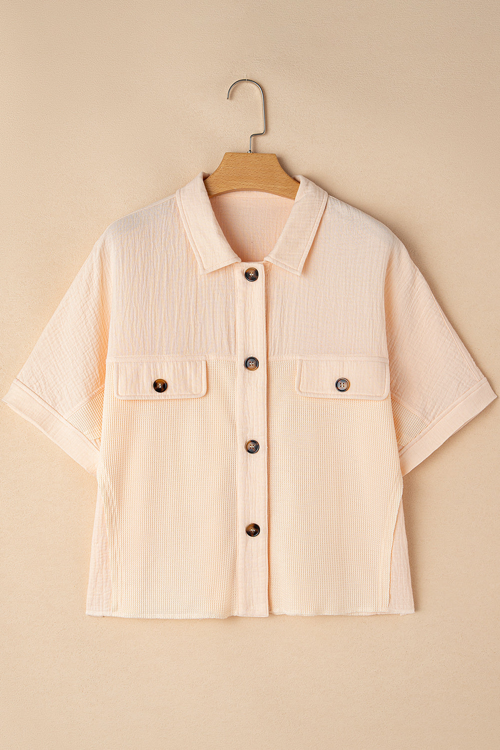 Beige Waffle Splicing Short Batwing Sleeve Flap Detail Shirt - - Tops/Blouses & Shirts