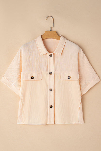 Beige Waffle Splicing Short Batwing Sleeve Flap Detail Shirt - - Tops/Blouses & Shirts