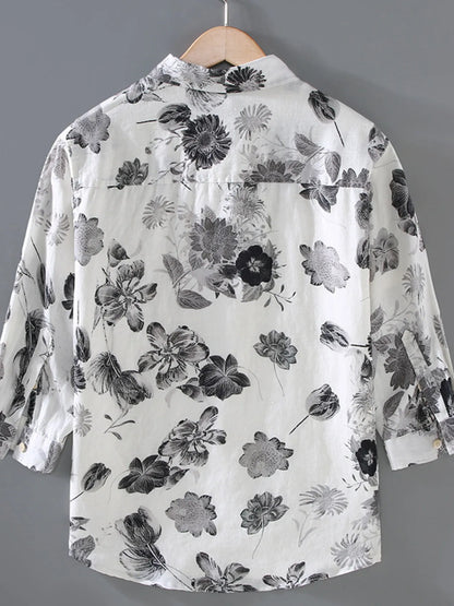 Men's Plus Size Printed Button Up Long Sleeve Shirt - -