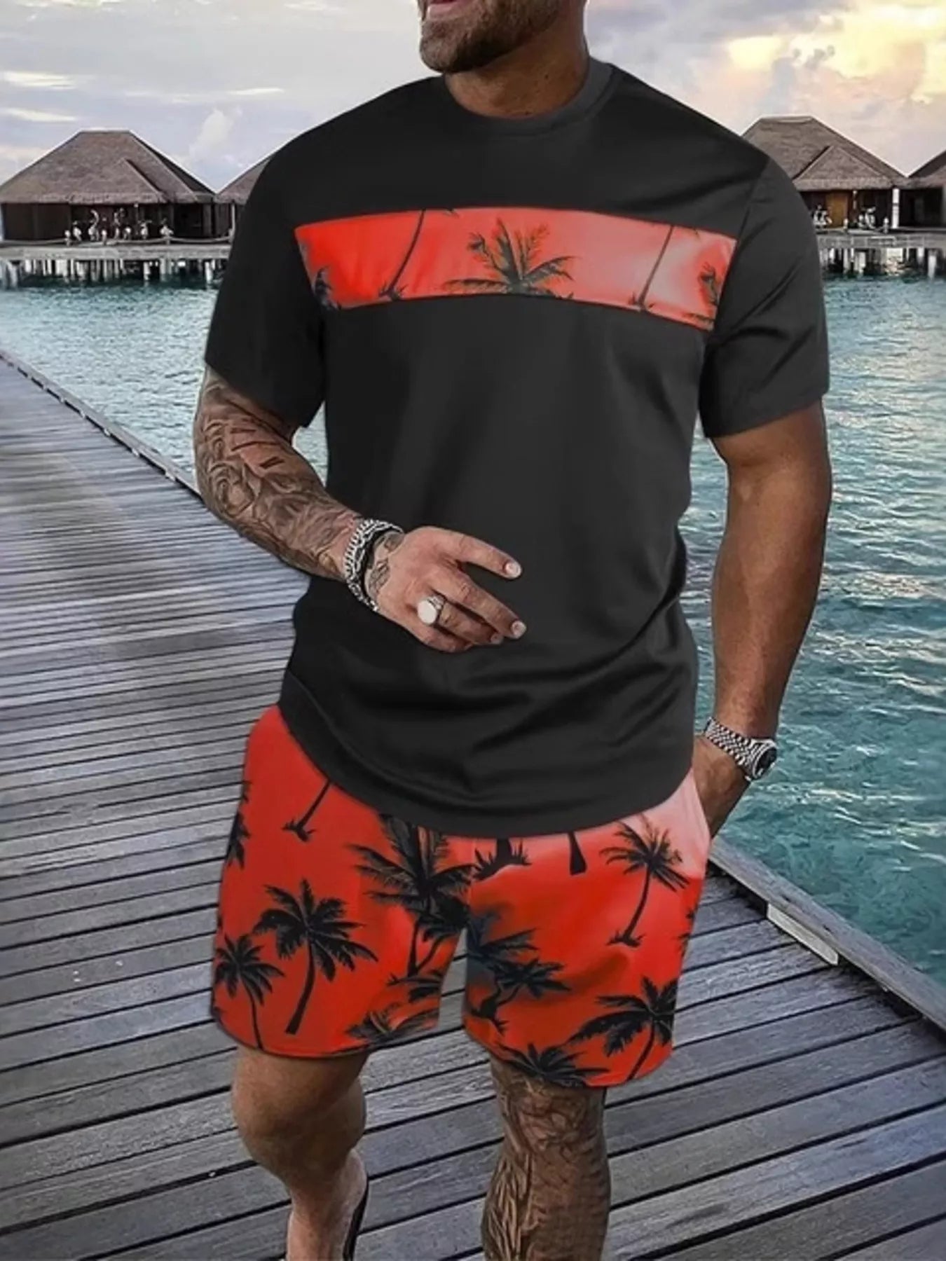 Men's Full Size Tropical Palm Tree Tee and Shorts Set Plus Size - Red -