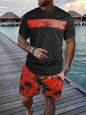Men's Full Size Tropical Palm Tree Tee and Shorts Set Plus Size - Red -