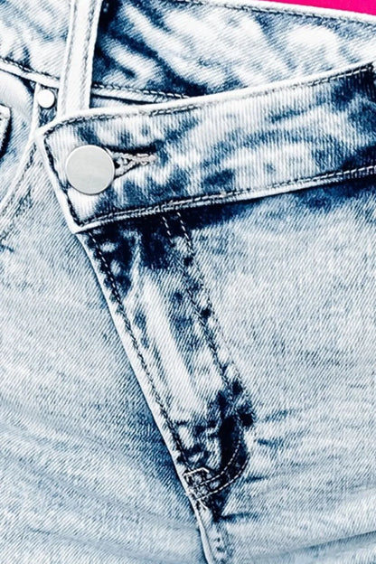 Raw Hem Buttoned Denim Shorts with Pockets - -
