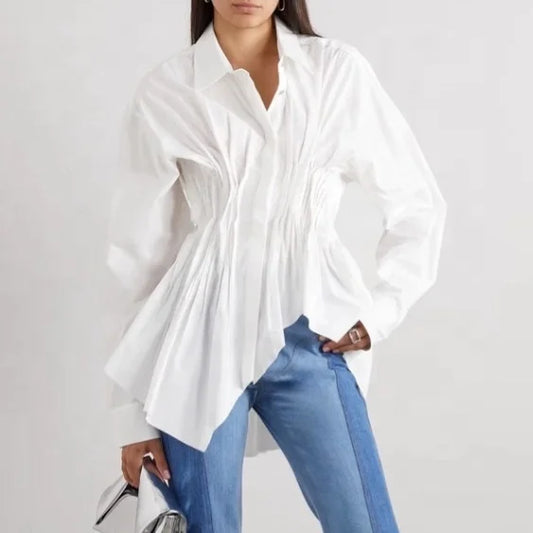 Polo Shirts Hollow Cotton Blouse Long Sleeve Loose Tops White Shirt