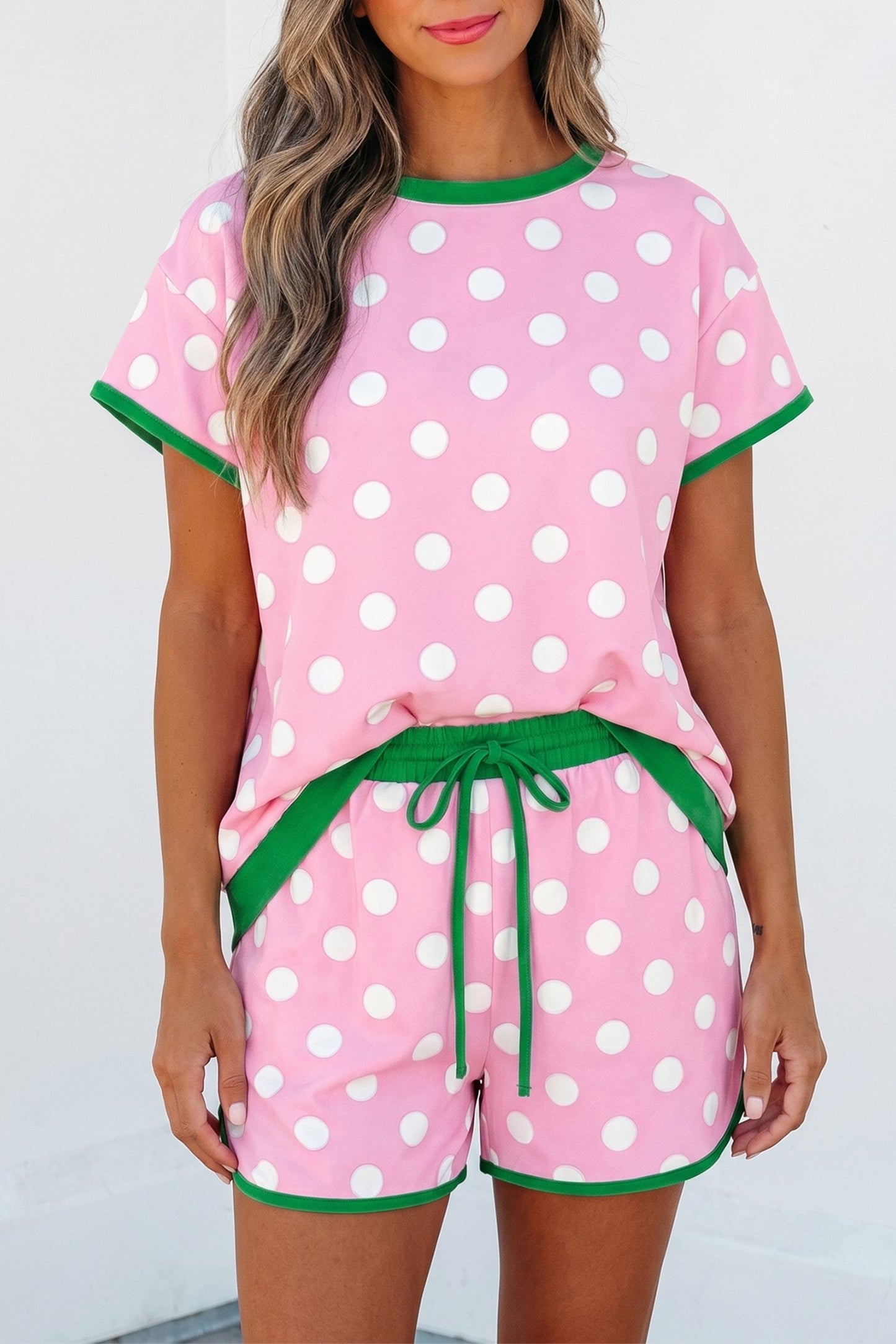 Pink Polka Dot Contrast Edge Casual Short Set - - Two Piece Sets/Short Sets
