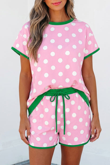 Pink Polka Dot Contrast Edge Casual Short Set - - Two Piece Sets/Short Sets