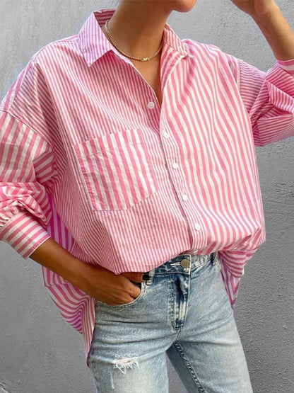 Striped Button Down Long Sleeve Shirt - Pink -