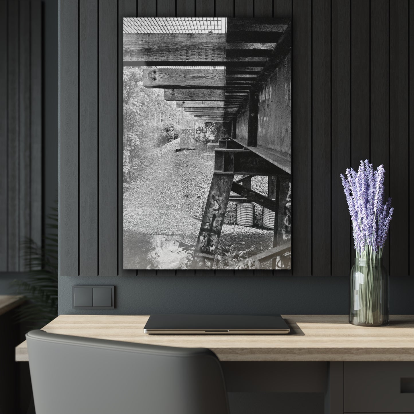 Black & White Train Trestle Acrylic Print — Rustic Industrial Wall Art French Cleat - 24" x 36" (Vertical) 0.25'' - Home Decor