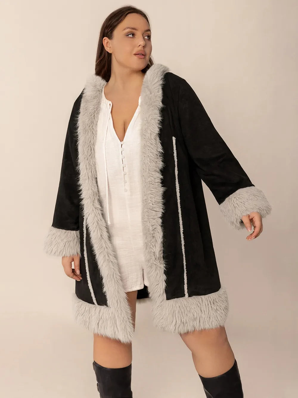 Plus Size Fuzzy Trim Open Front Long Sleeve Hooded Coat - -