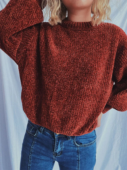 Round Neck Dropped Shoulder Long Sleeve Sweater - -