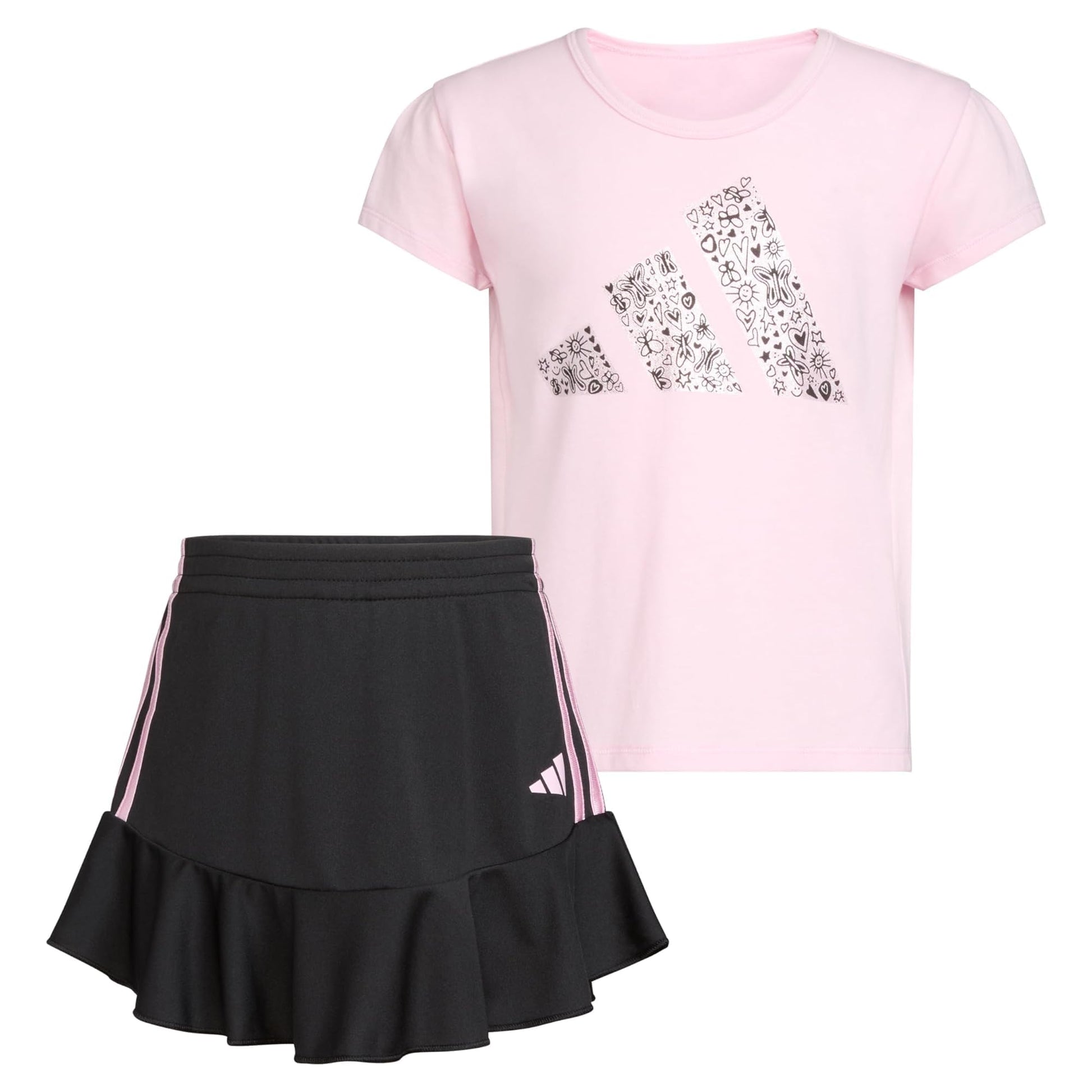 adidas Girls 2 Piece Ruffle Skort & T-Shirt Skirt Set Light Pink & Black - Med Pink 9 Months -