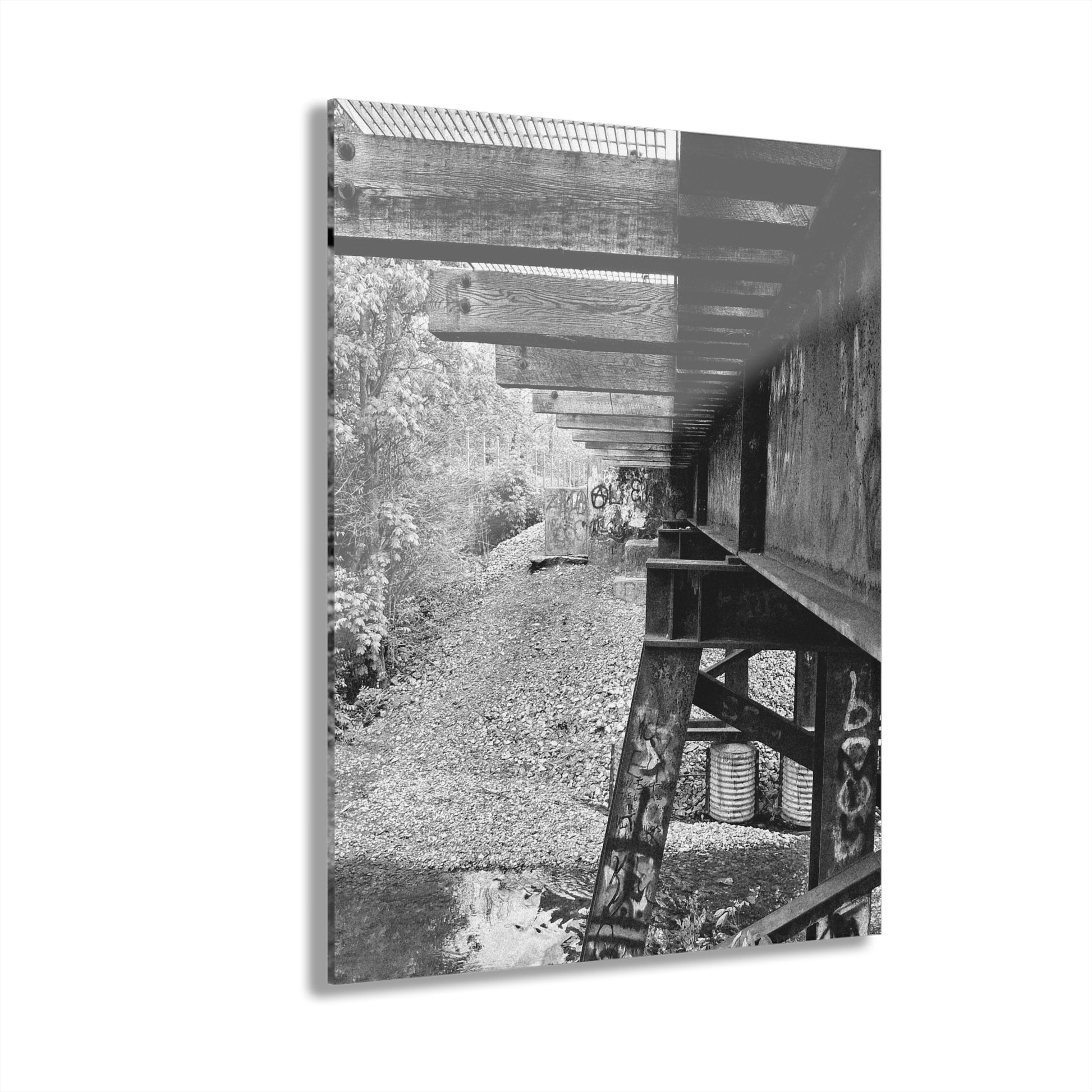 Black & White Train Trestle Acrylic Print — Rustic Industrial Wall Art French Cleat - - Home Decor
