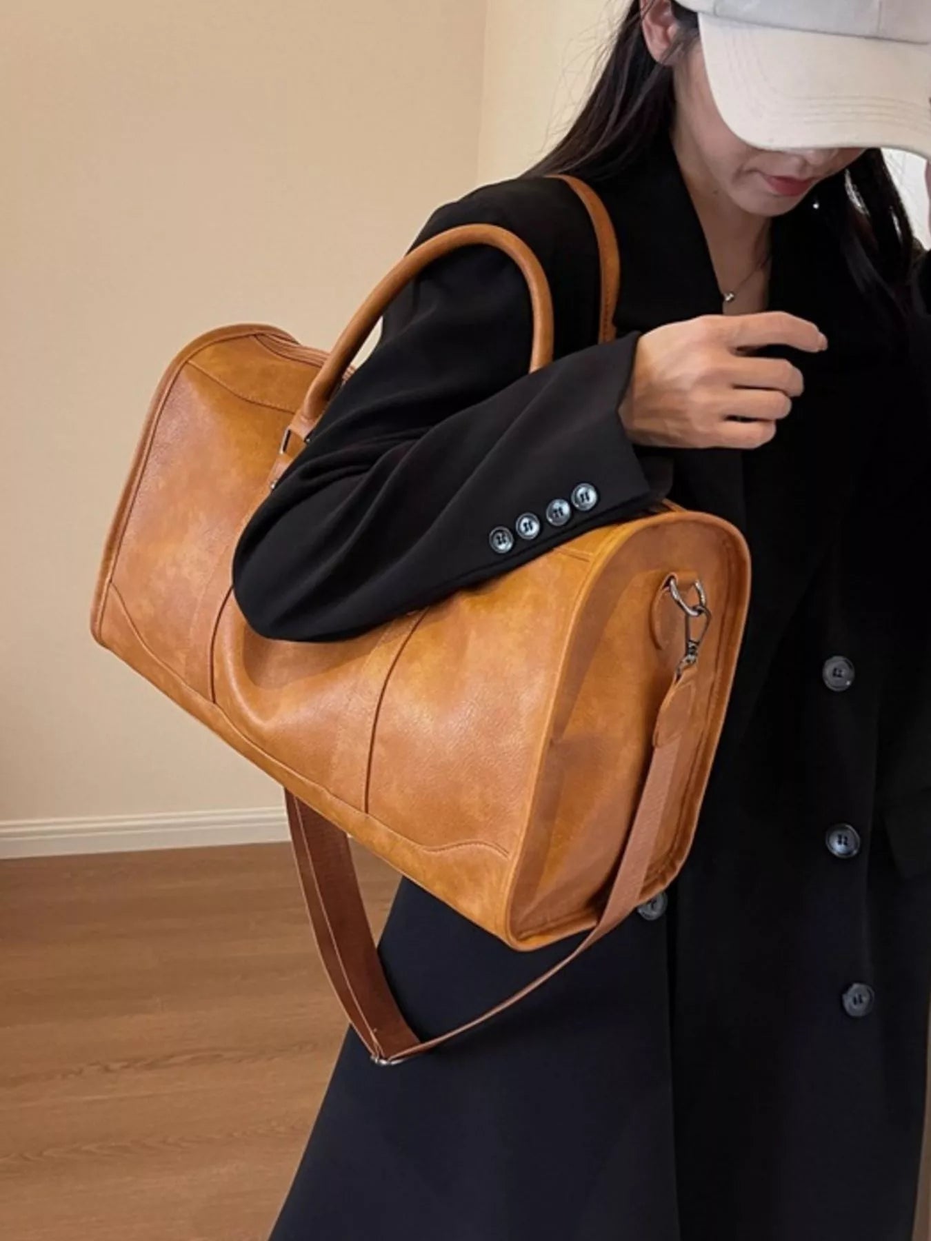 Vintage Leather Duffle Bag - -