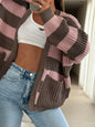 Striped Open Front Long Sleeve Cardigan - Pink -