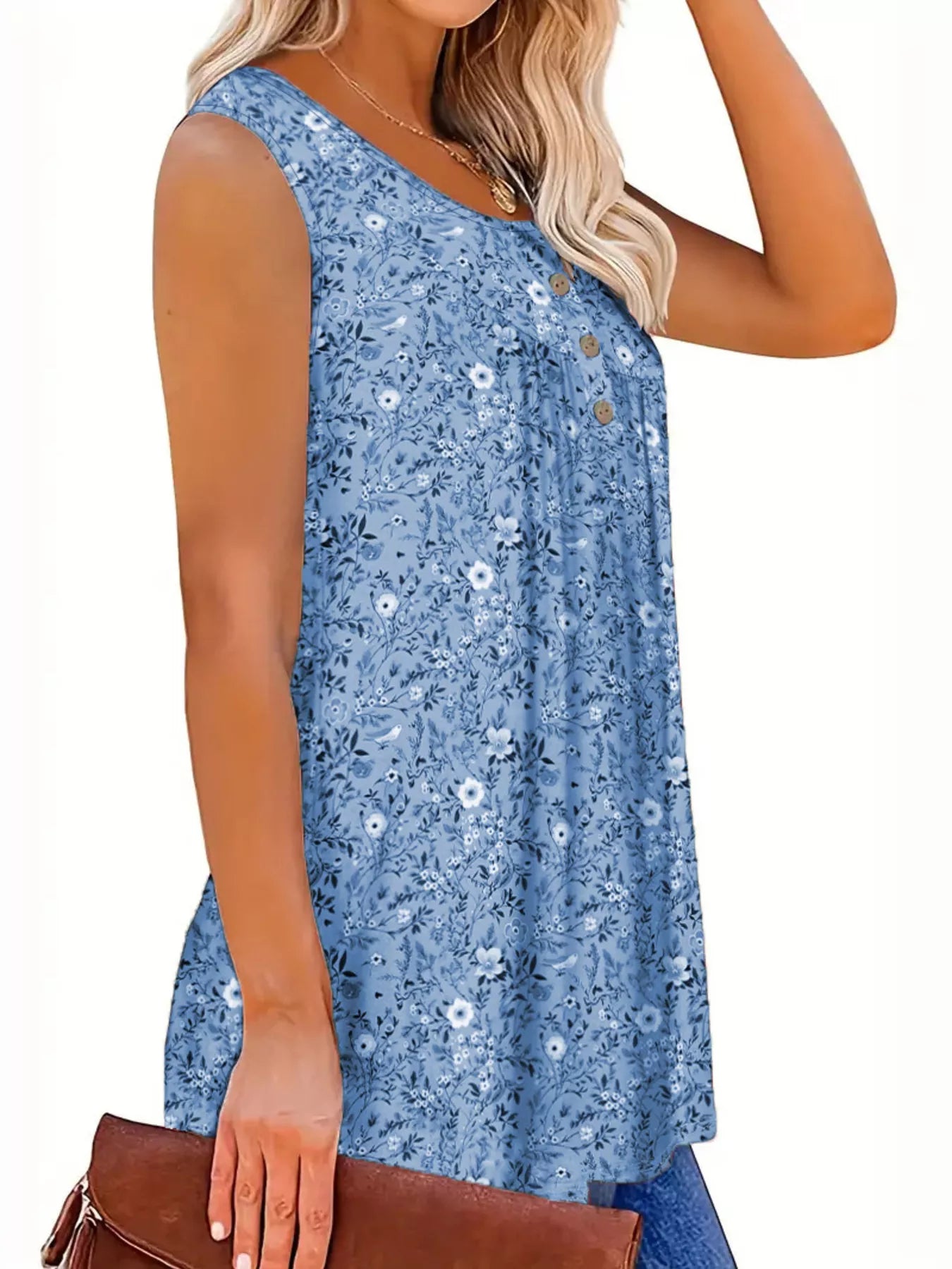 Full Size Floral Print Button Detail Tank Plus Size- Shopimist- {{Product type}}