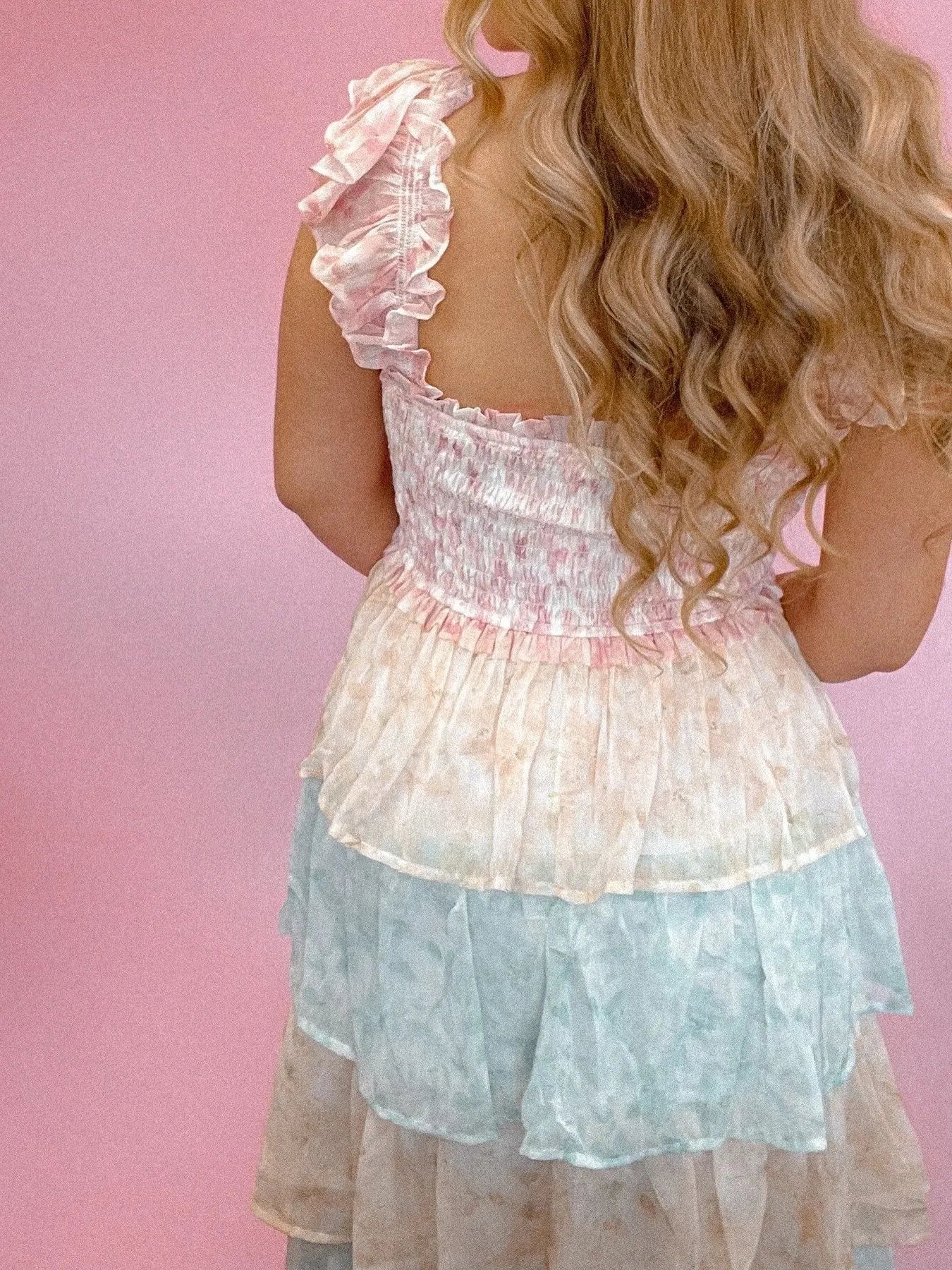 Smocked Ruffle Layered Floral Midi Dress - -