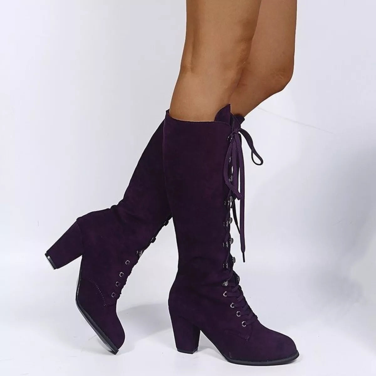 Lace Up Block Heels Boots - -