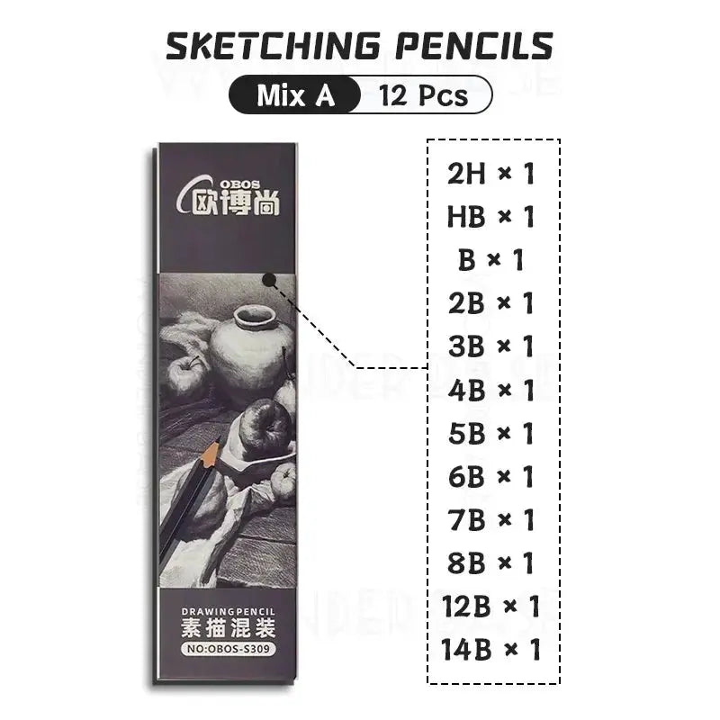 Boxed 2H-14B Graphite Sketching Pencils