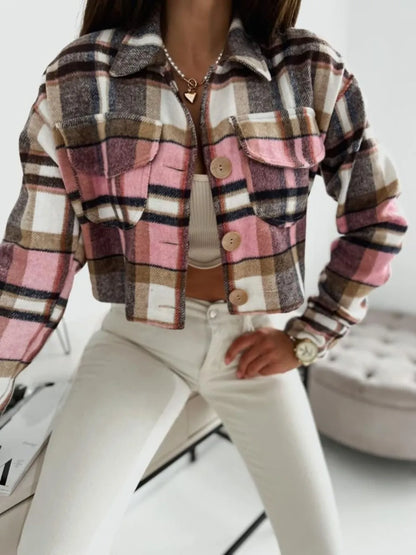 Pocketed Collared Neck Long Sleeve Plaid Jacket - -