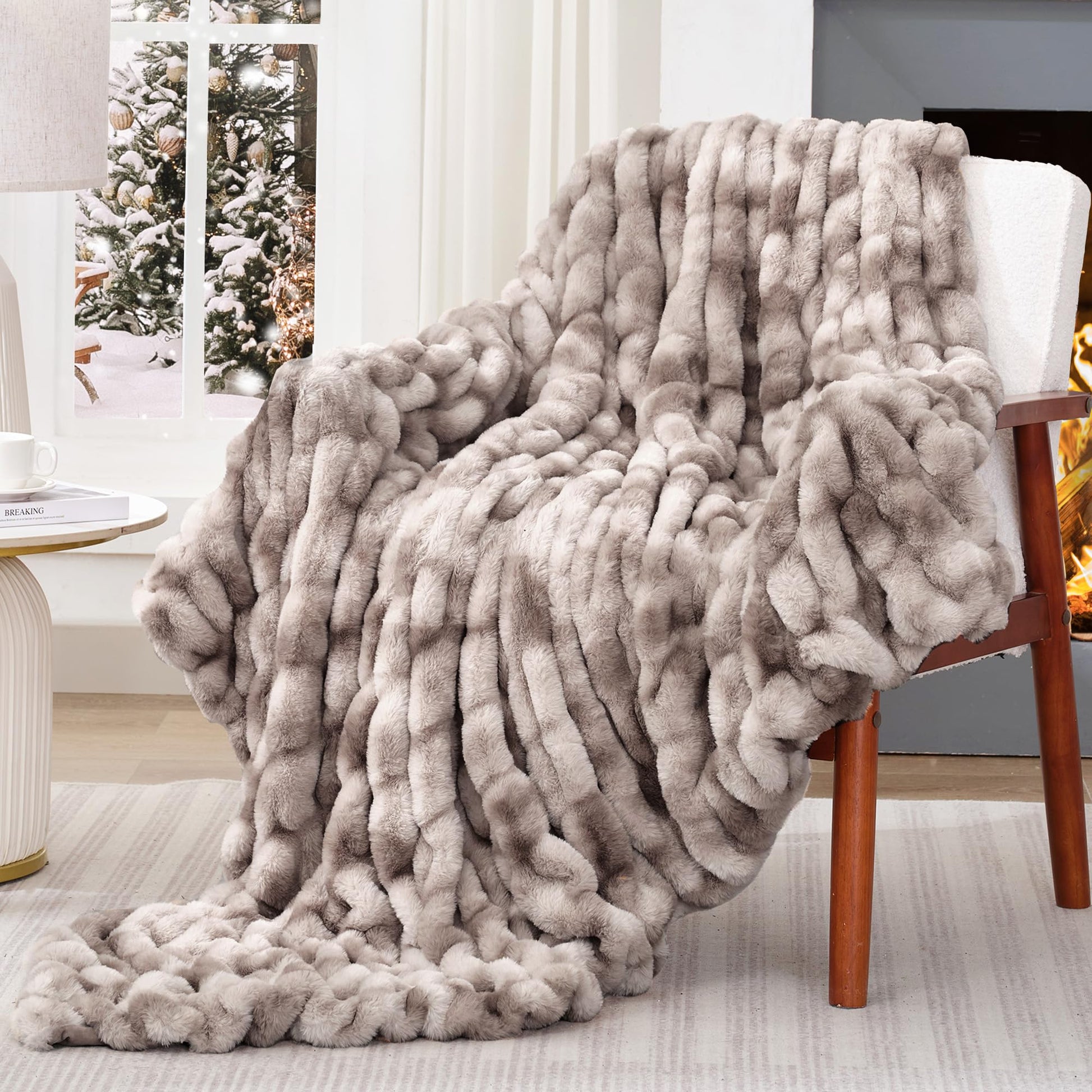 Touchat Ruched Faux Rabbit Fur Throw Blanket Tie-dye Coffee - - blanket