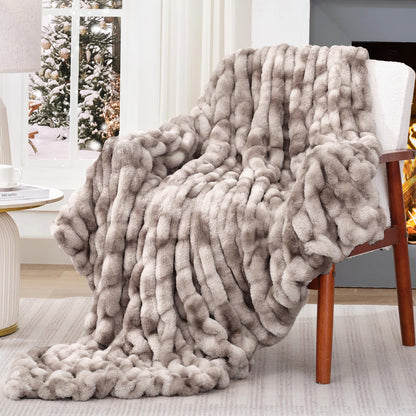 Touchat Ruched Faux Rabbit Fur Throw Blanket Tie-dye Coffee - - blanket