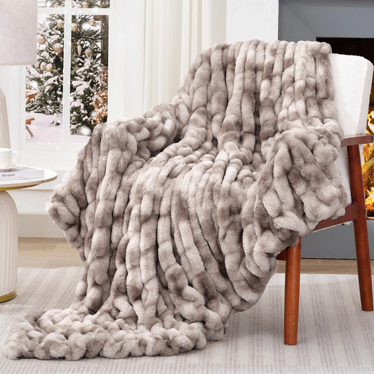 Touchat Ruched Faux Rabbit Fur Throw Blanket Tie-dye Coffee - - blanket