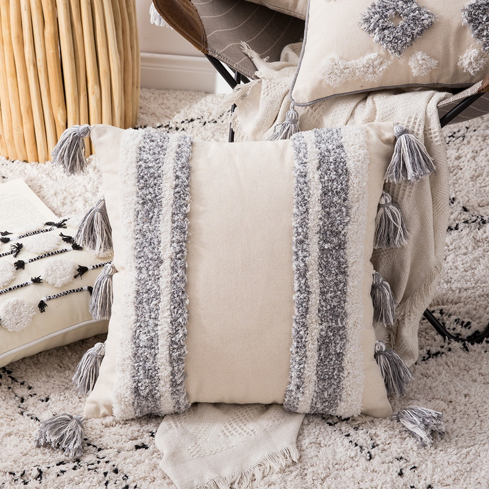 Cotton Macrame Pillow Case Woven Tufted Throw Pillow Cover With Tassel