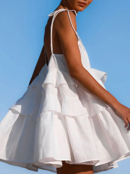 Ruffle Layered Tie Shoulder Cami Dress - -