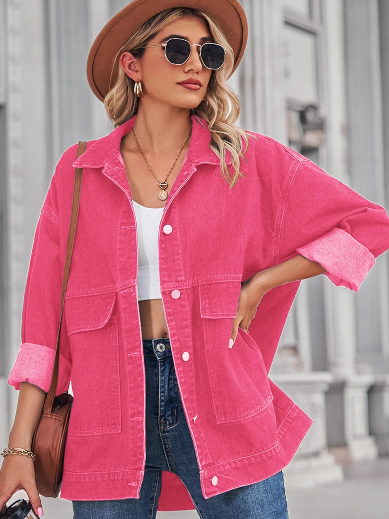 Button Up Long Sleeve Denim Jacket - Hot Pink -